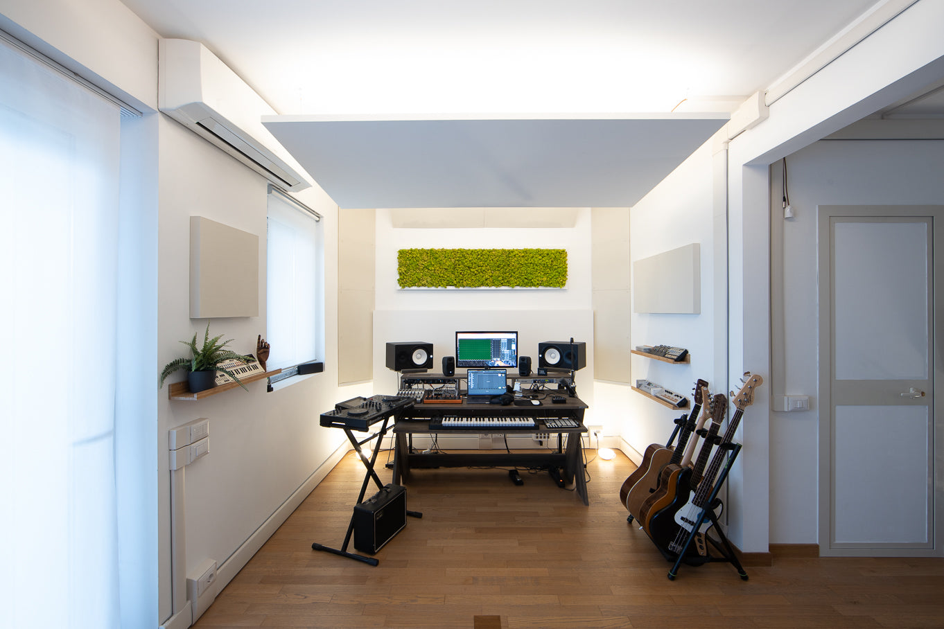 Acoustic ceiling baffles and rafts for studios