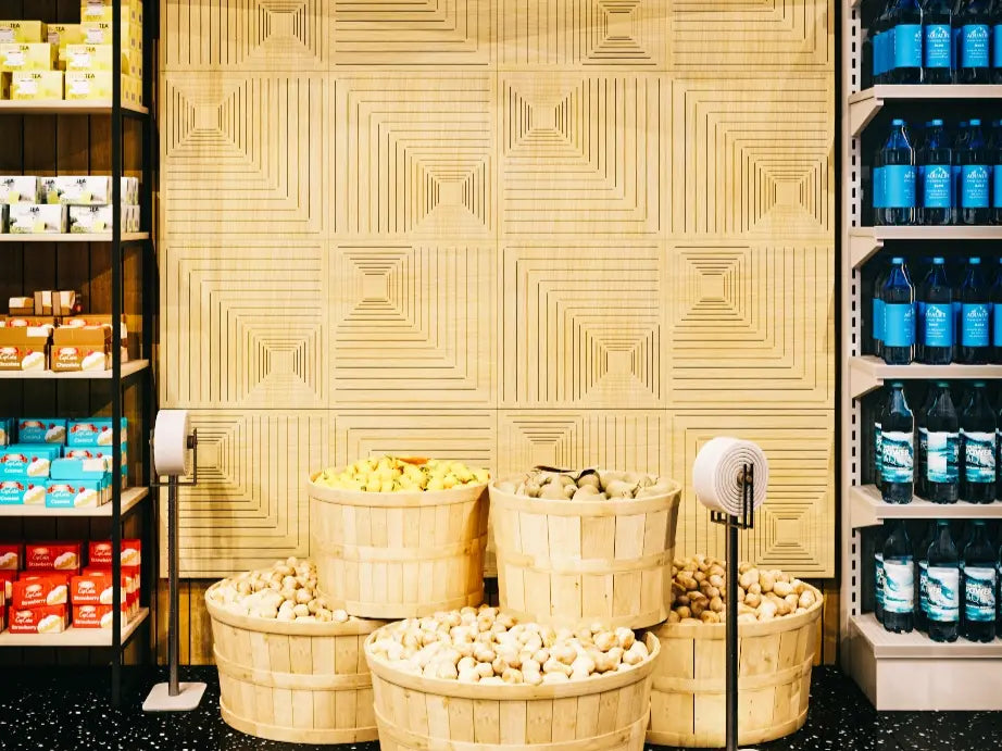Perforated wood acoustic panels for retail stores