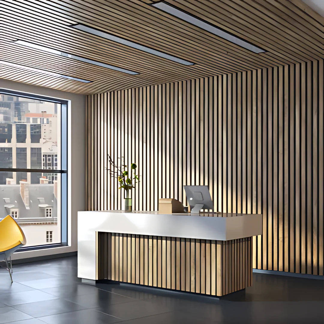 Wood slatted panels with PET felt back in an office
